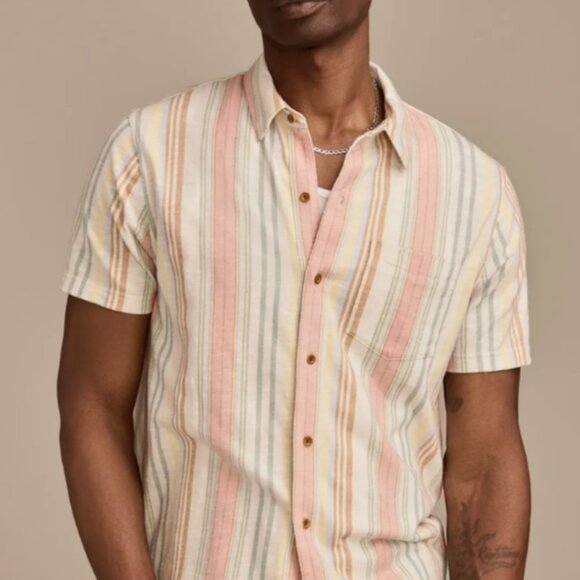 Men's Lucky Brand Soft Linen Blend Striped Short Sleeve Button Down Shirt NWT - Picture 2 of 6